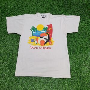 Vintage 80s Funny Penguin Shirt Womens S/M 18x24 Pink Beach